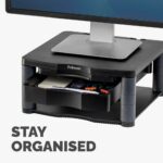 Fellowes Premium Plus Monitor Stand with Drawer, Cable Management, Ergonomic, 3-Height Adjustments, 21", Graphite