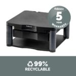 Fellowes Premium Plus Monitor Stand with Drawer, Cable Management, Ergonomic, 3-Height Adjustments, 21", Graphite