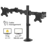 Fellowes Reflex Dual Monitor Arm for 2x 27" Screens, 8kg Max, Tilt 45°, Pan 180°, Rotation 360°, Black