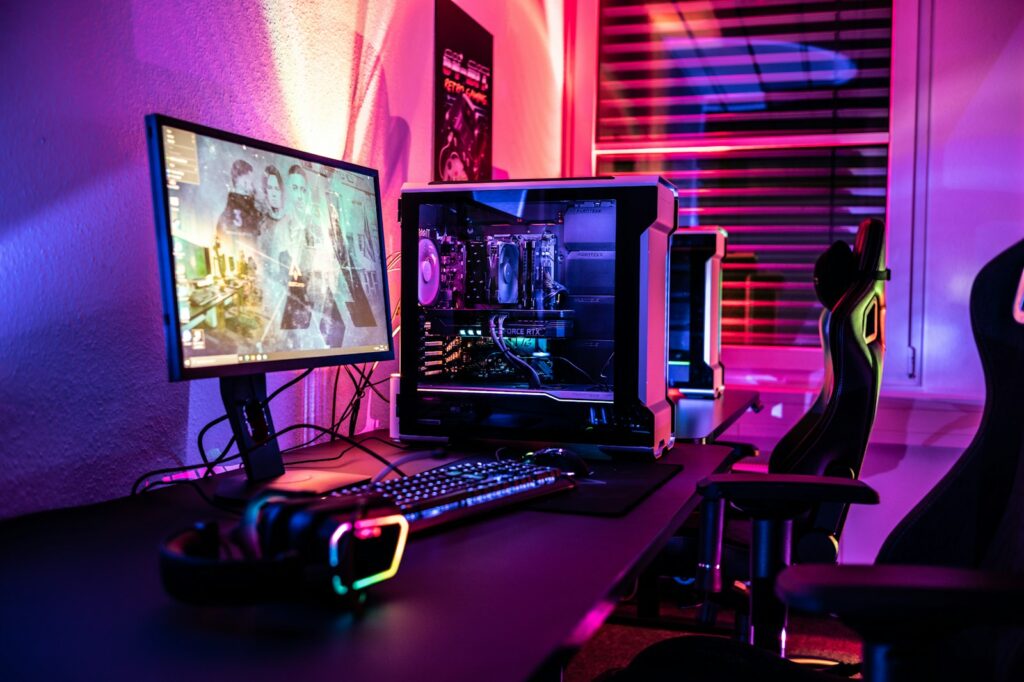 Gaming desk showing a monitor at normal viewing distance next to a PC
