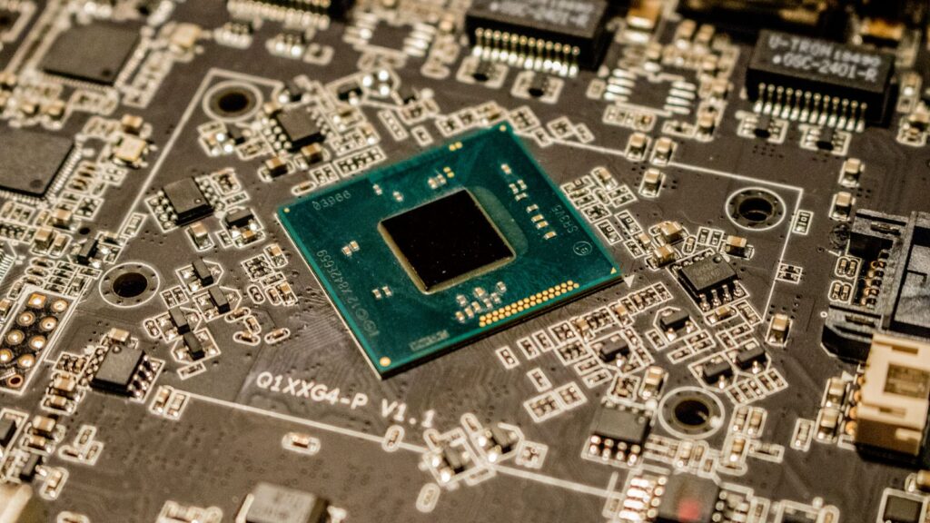 Macro photo of chips and components on a graphics board