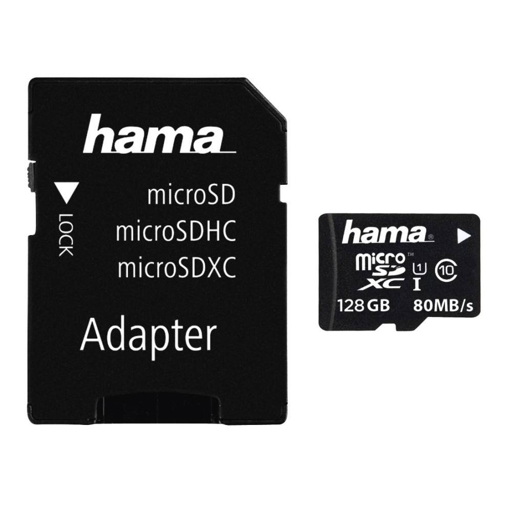 Hama 128GB microSDXC UHS-I Class 10 Memory Card with SD Adapter - Black Hama 128GB microSDXC UHS-I Class 10 Memory Card with SD Adapter - Black