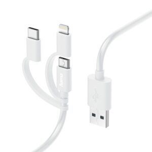 Hama 3-in-1 Multi Charging Cable, 1m, USB-A to Micro-USB, USB-C, Lightning, White