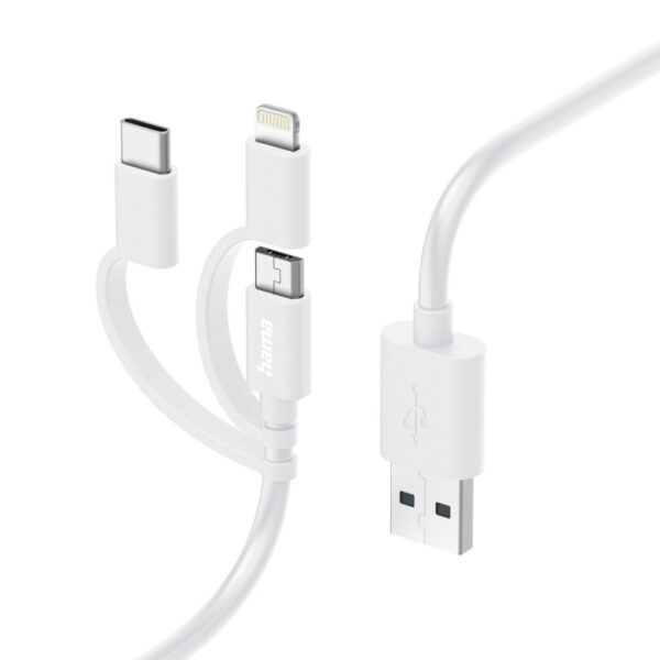 Hama 3-in-1 Multi Charging Cable, 1m, USB-A to Micro-USB, USB-C, Lightning, White
