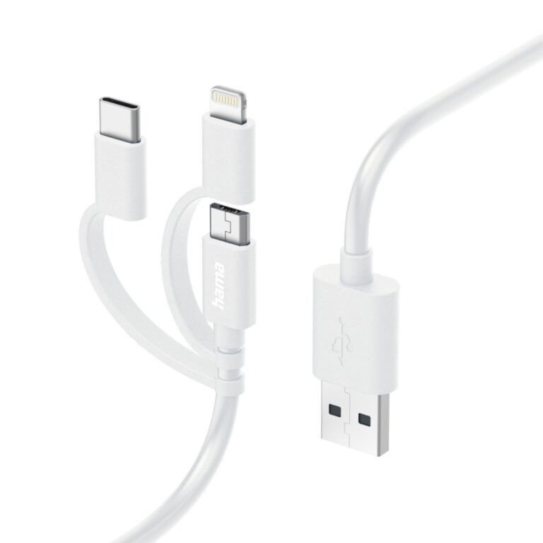 Hama 3-in-1 Multi Charging Cable, 1m, USB-A to Micro-USB, USB-C, Lightning, White