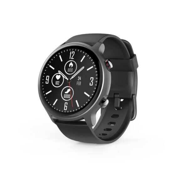 Hama Fit Watch 6910 Smartwatch 46mm Grey with 1.28" LCD Touchscreen, GPS, Heart Rate & Blood Oxygen Monitor, IP68 Waterproof, Black Band