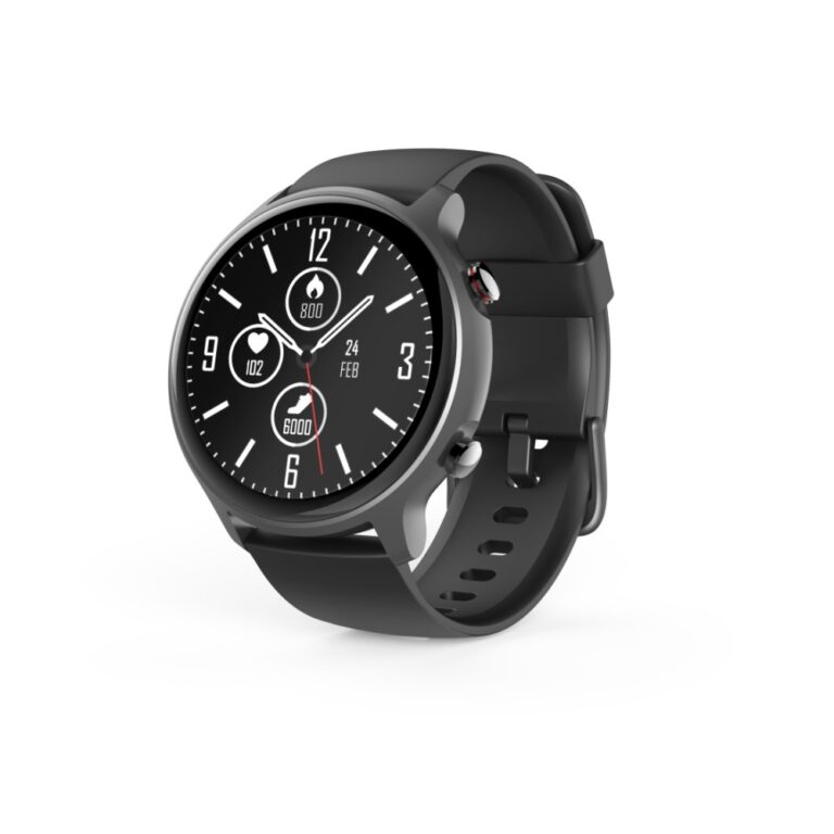 Hama Fit Watch 6910 Smartwatch 46mm Grey with 1.28" LCD Touchscreen, GPS, Heart Rate & Blood Oxygen Monitor, IP68 Waterproof, Black Band