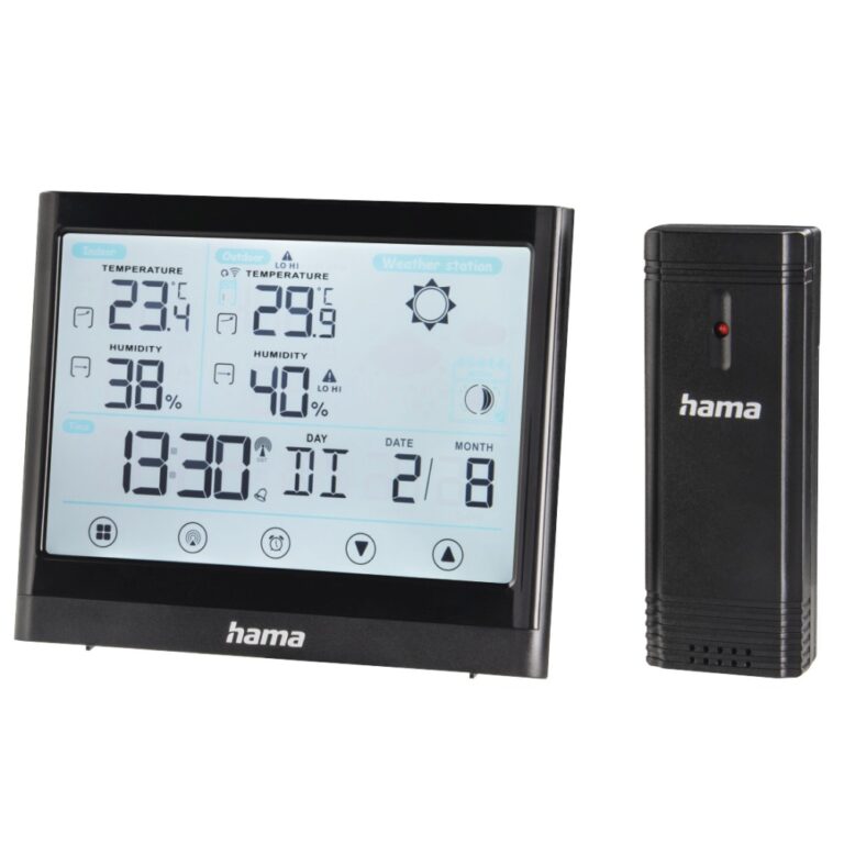 Hama Full Touch Wireless LED Weather Station with Indoor/Outdoor Thermometer & Hygrometer, Moon Phase, Alarm, Black