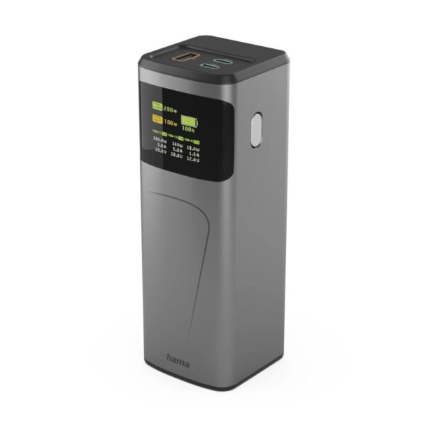 Hama High Power 24000 mAh Li-Ion Power Bank with 200W Output, Power Delivery 3.0, Quick Charge 3.0 & TFT Display - Grey