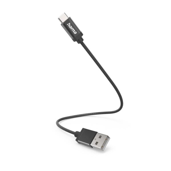 Hama USB 2.0 Cable 0.2m USB-A to USB-C, 480 Mbit/s, Nylon Braided, Aluminium Connectors, Black