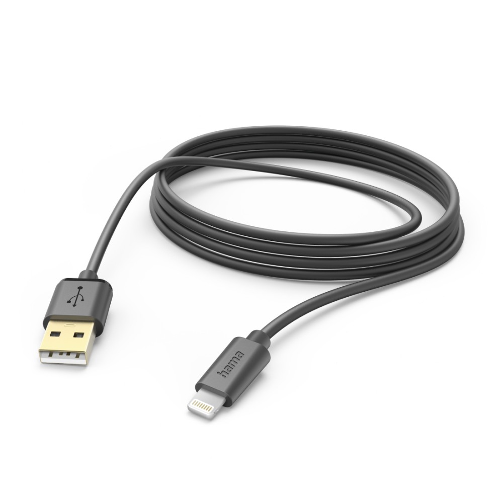 Hama USB 2.0 to Lightning Cable, 3m, 480 Mbit/s, 2.4A, Gold Plated, Black Hama USB 2.0 to Lightning Cable, 3m, 480 Mbit/s, 2.4A, Gold Plated, Black