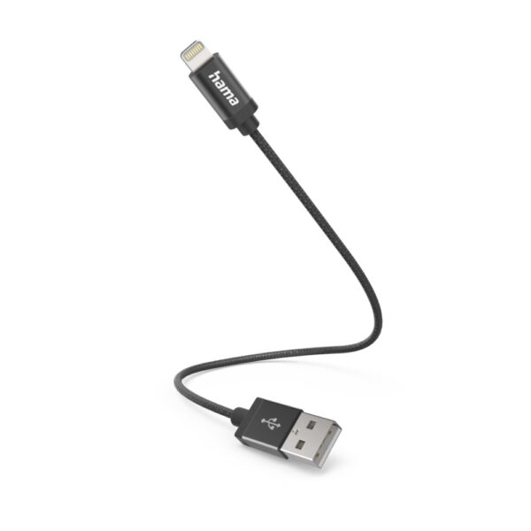 Hama USB-A to Lightning Charging Cable, 0.2m, Nylon, 2.4A, 480 Mbit/s, Black