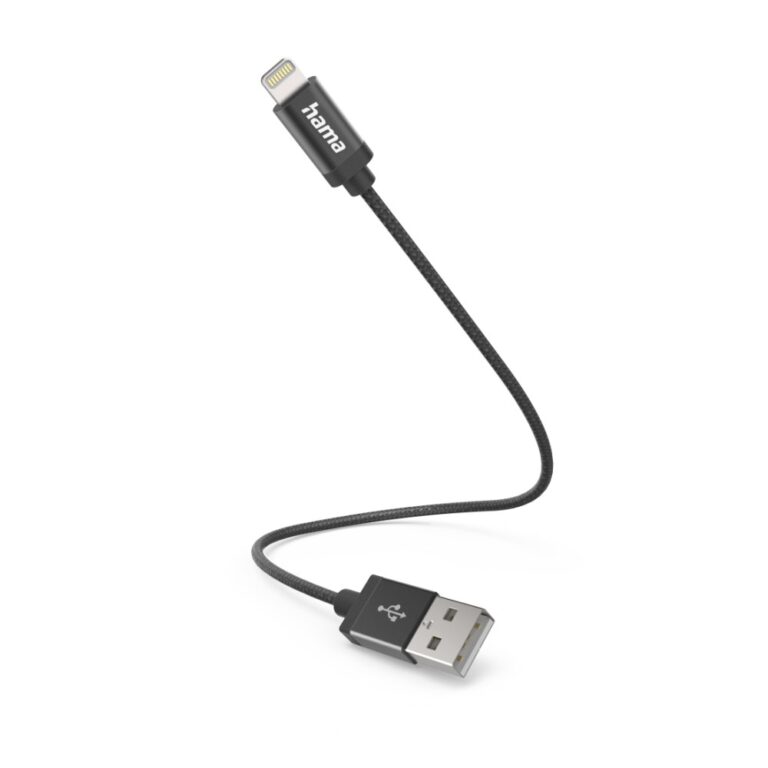 Hama USB-A to Lightning Charging Cable, 0.2m, Nylon, 2.4A, 480 Mbit/s, Black