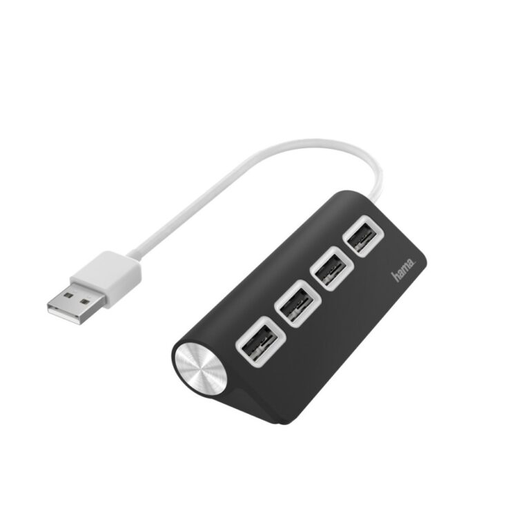 Hama USB Hub, USB 2.0, 4 Ports, 480 Mbit/s Data Transfer, 0.15m Cable, Black