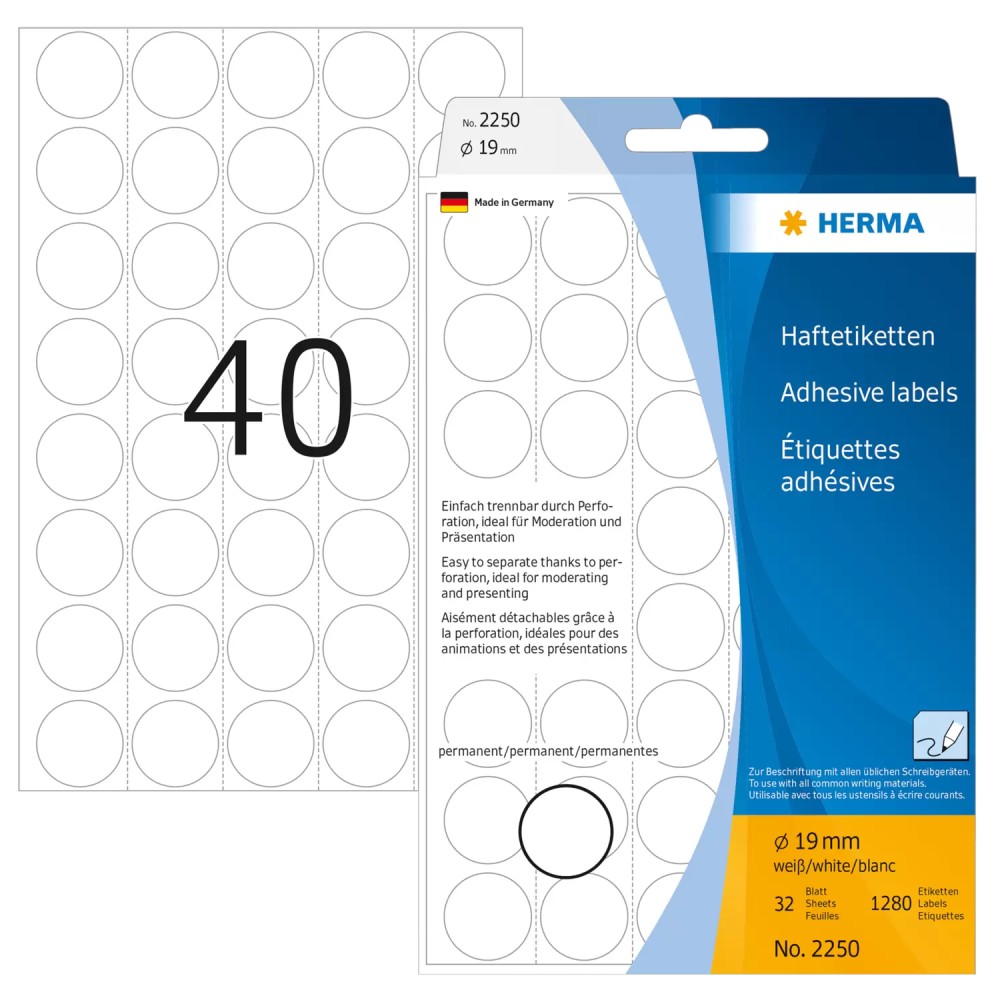 HERMA Multi-Purpose White Round Labels 19mm Diameter 1280 Labels/Pack HERMA Multi-Purpose White Round Labels 19mm Diameter 1280 Labels/Pack