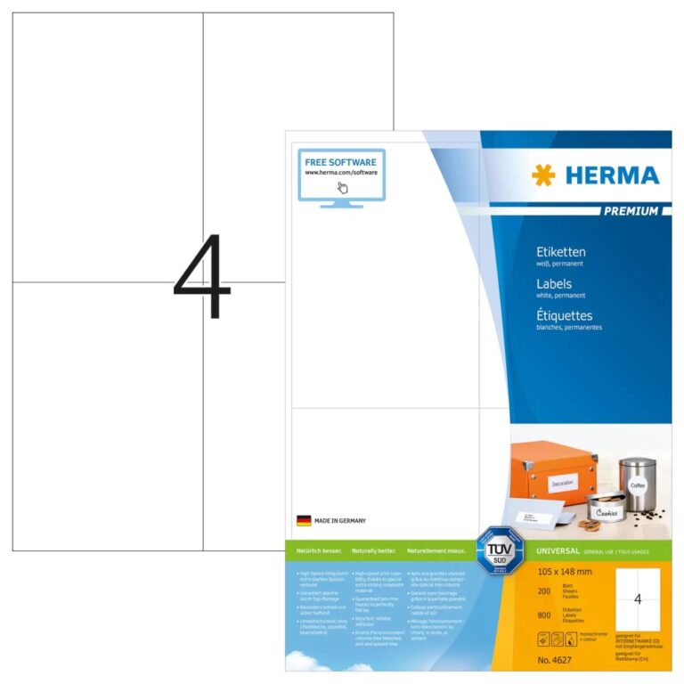 HERMA Premium A4 Labels, 105x148mm White Matte Paper, 4 Labels/Sheet, 800 pcs
