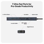 HYPER HD4003GL USB-C 7 Port Hub with 4K HDMI, 10Gbps USB, 100W Power Delivery, SD/MicroSD, Gigabit Ethernet Blue/Grey