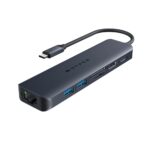 HYPER HD4003GL USB-C 7 Port Hub with 4K HDMI, 10Gbps USB, 100W Power Delivery, SD/MicroSD, Gigabit Ethernet Blue/Grey