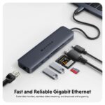 HYPER HD4003GL USB-C 7 Port Hub with 4K HDMI, 10Gbps USB, 100W Power Delivery, SD/MicroSD, Gigabit Ethernet Blue/Grey