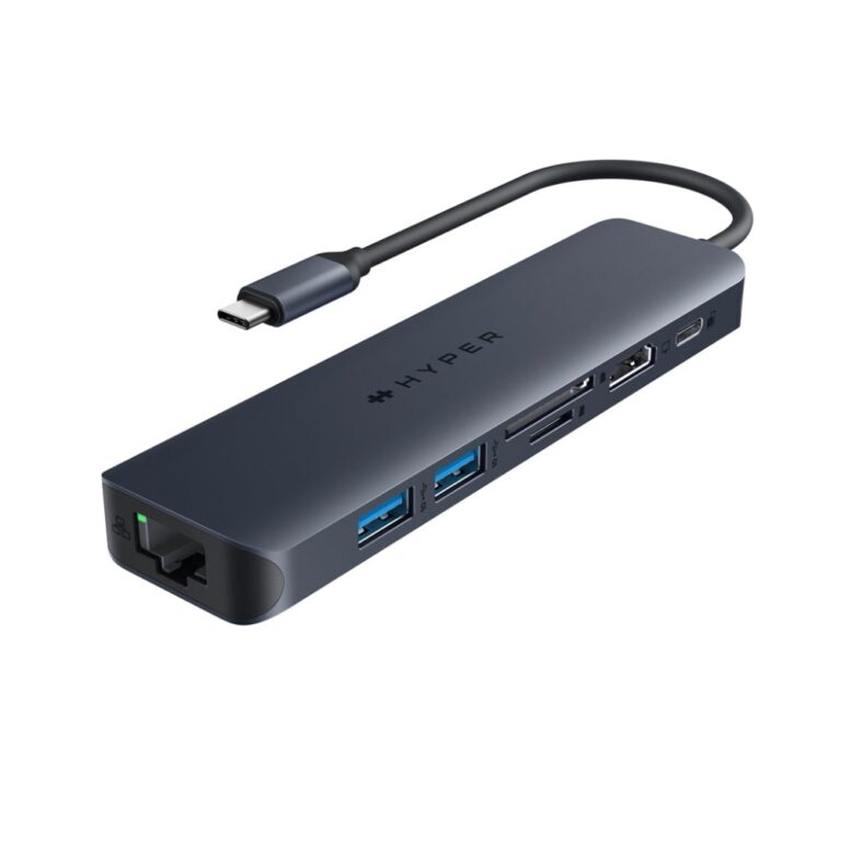 HYPER HD4003GL USB-C 7 Port Hub with 4K HDMI, 10Gbps USB, 100W Power Delivery, SD/MicroSD, Gigabit Ethernet Blue/Grey