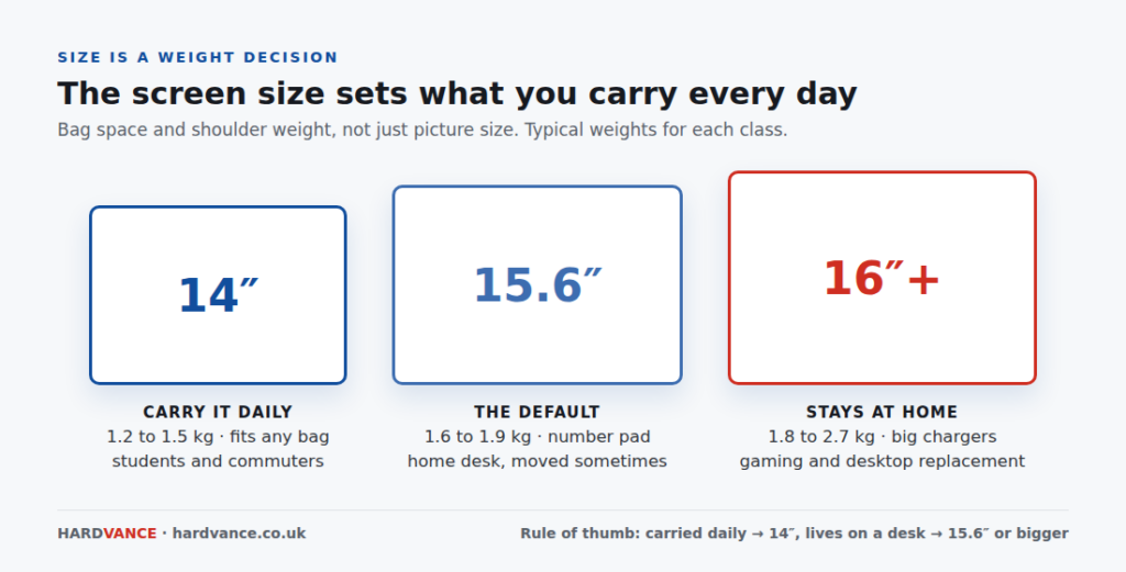 Diagram comparing 14 inch, 15.6 inch and 16 inch laptop sizes and typical weights