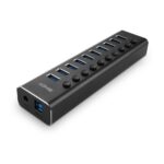 Lindy 10 Port USB 3.2 Gen 1 Hub with On/Off Switches, 1m Cable, 5Gbps, Black