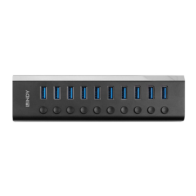 Lindy 10 Port USB 3.2 Gen 1 Hub with On/Off Switches, 1m Cable, 5Gbps, Black