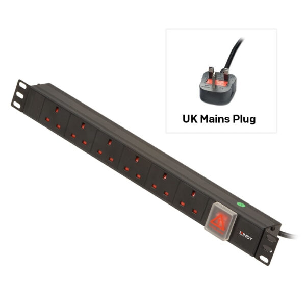 Lindy 1U Horizontal PDU, 6x UK Type G Sockets, On/Off Switch, 3m Cable, 3250W, Black