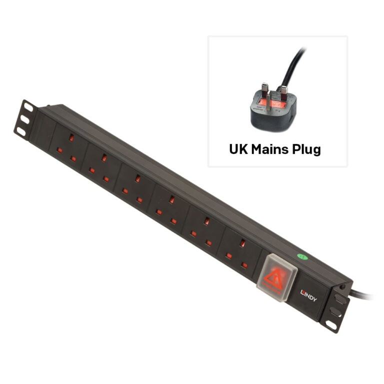 Lindy 1U Horizontal PDU, 6x UK Type G Sockets, On/Off Switch, 3m Cable, 3250W, Black