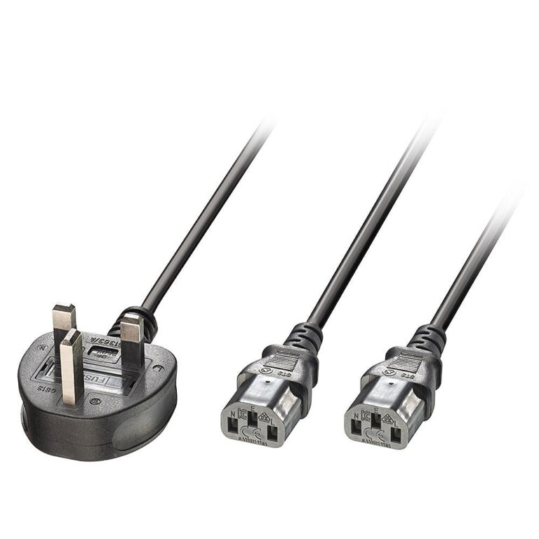 Lindy 2.5m UK 3 Pin Plug to 2 x C13 Splitter Extension Cable Black