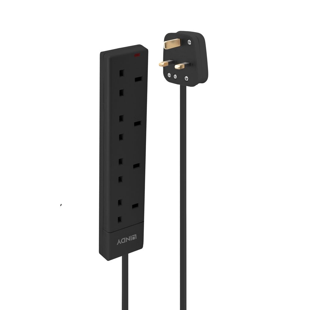 Lindy 2m 4-Way UK Mains Power Extension Cable, Black Lindy 2m 4-Way UK Mains Power Extension Cable, Black