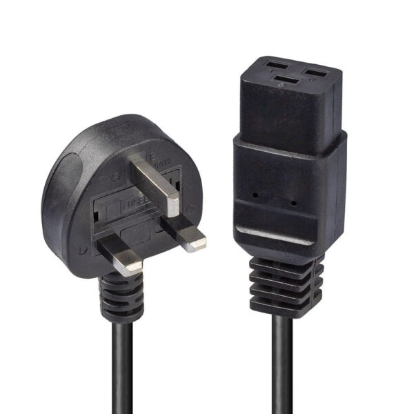 Lindy 2m UK 3 Pin Plug (Angled) to C19 Coupler (Straight) Power Cable Black