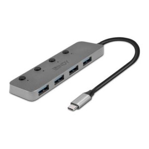 Lindy 4 Port USB 3.2 Gen 1 Type-C Hub with On/Off Switches, 5Gbps, 0.3m Cable, Grey