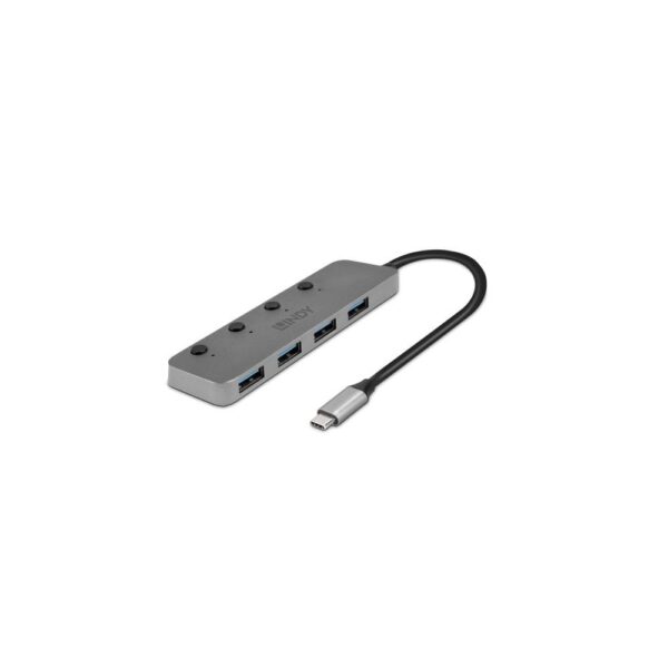 Lindy 4 Port USB 3.2 Gen 1 Type-C Hub with On/Off Switches, 5Gbps, 0.3m Cable, Grey