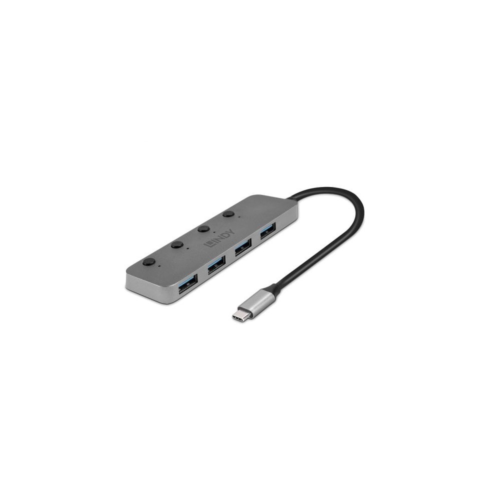 Lindy 4 Port USB 3.2 Gen 1 Type-C Hub with On/Off Switches, 5Gbps, 0.3m Cable, Grey Lindy 4 Port USB 3.2 Gen 1 Type-C Hub with On/Off Switches, 5Gbps, 0.3m Cable, Grey