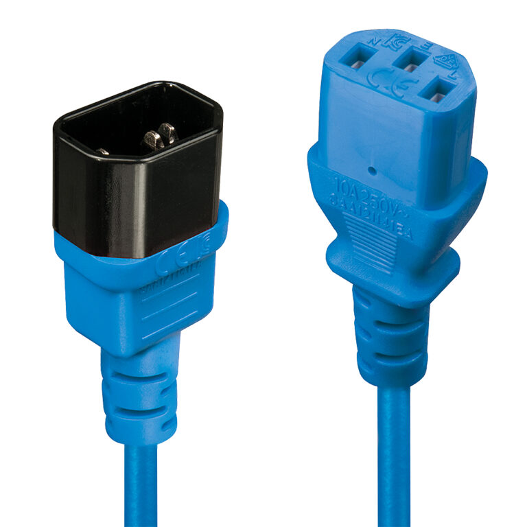 Lindy IEC C13 to C14 Extension Cable, 1m, Male to Female, Black/Blue
