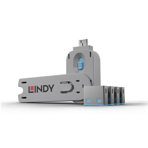 Lindy USB Port Blocker Blue with 4 Blockers and 1 Key, USB Type-A, ABS, Pack of 5