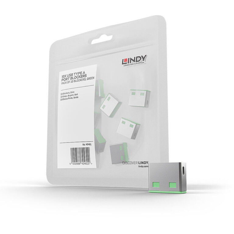 Lindy USB Port Blocker, Type-A, Acrylonitrile Butadiene Styrene (ABS), Pack of 10, Green