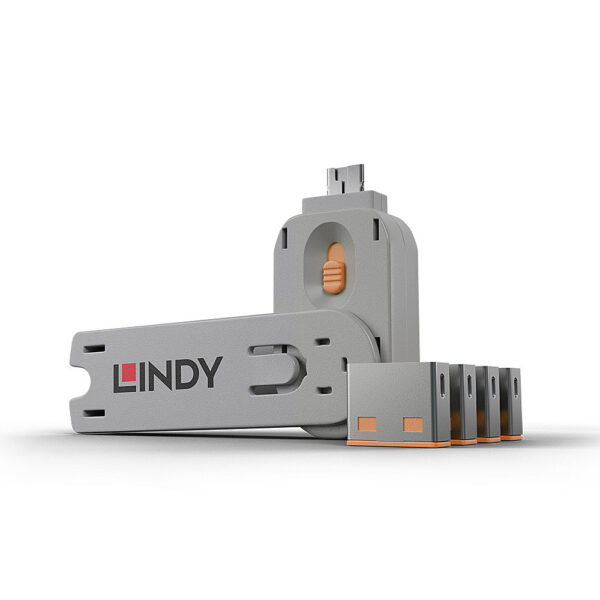 Lindy USB Port Blocker with Key - Type-A, ABS, Pack of 4 - Orange