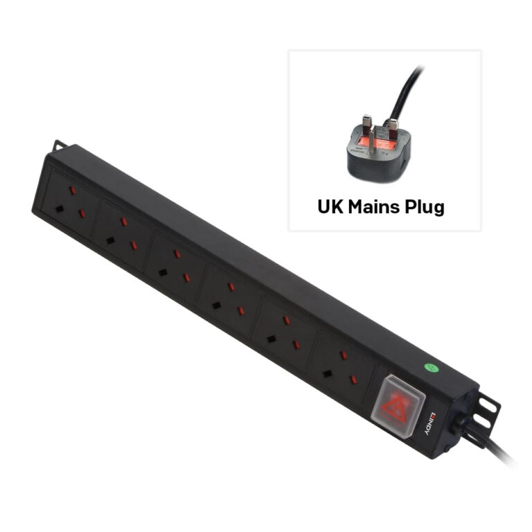 Lindy Vertical PDU 6 Way UK Mains Sockets with On/Off Switch 3m Cable Black