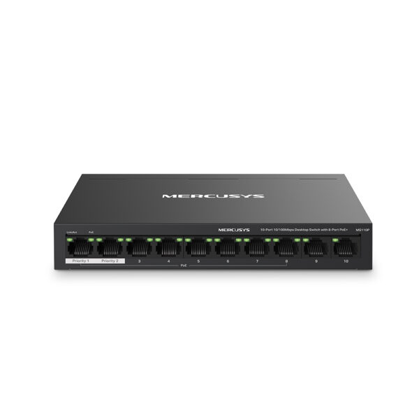Mercusys MS110P 10-Port Fast Ethernet Switch with 8 PoE+ Ports, 65W Budget, Wall Mountable, Black