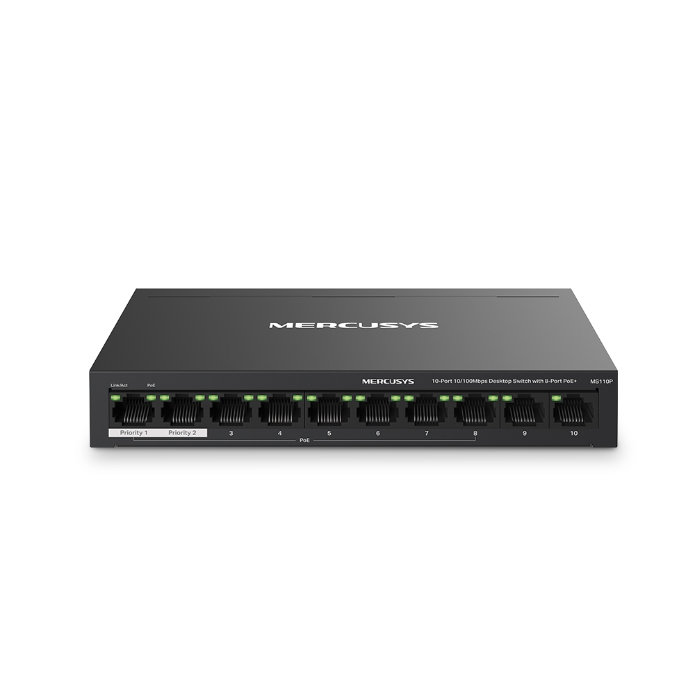 Mercusys MS110P 10-Port Fast Ethernet Switch with 8 PoE+ Ports, 65W Budget, Wall Mountable, Black Mercusys MS110P 10-Port Fast Ethernet Switch with 8 PoE+ Ports, 65W Budget, Wall Mountable, Black
