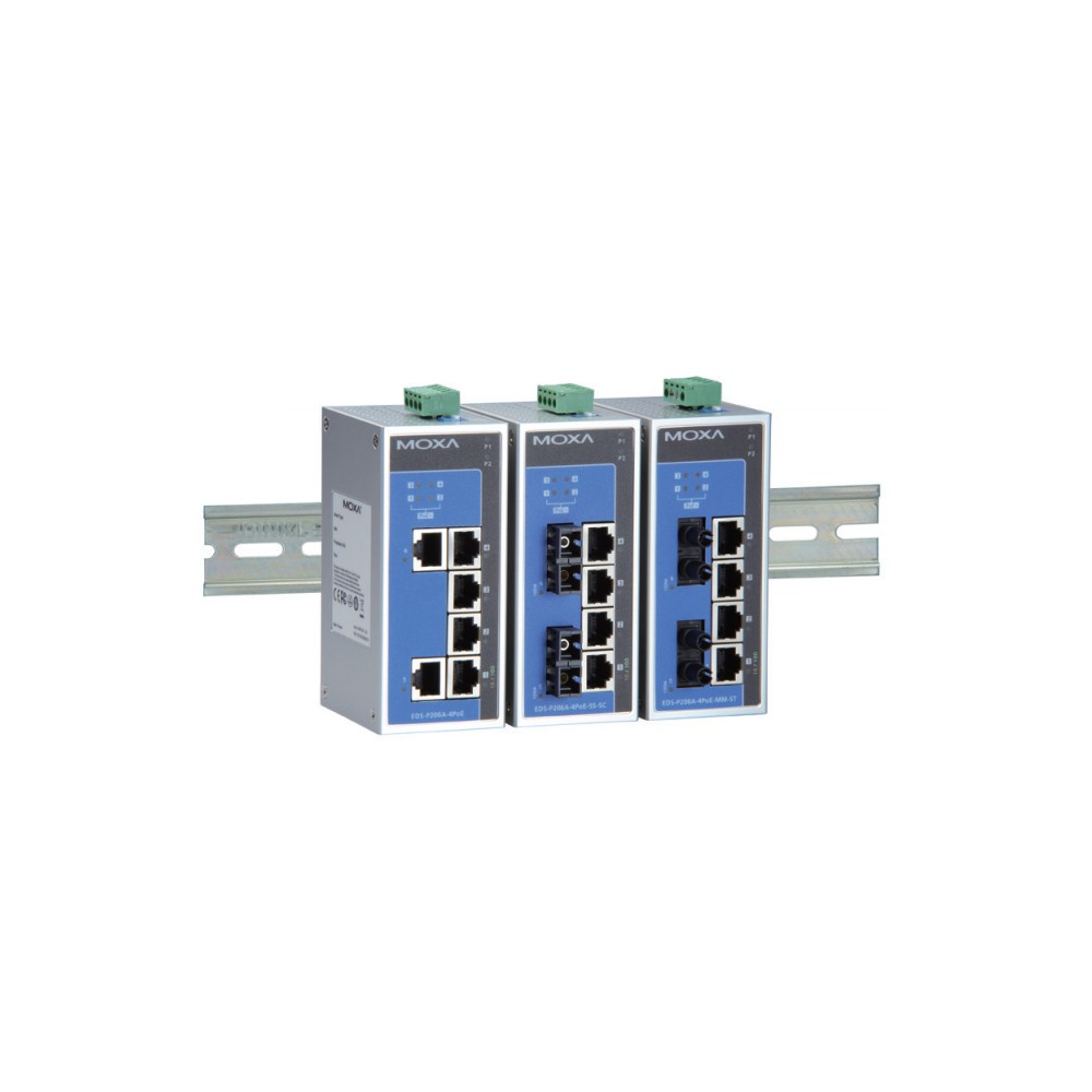 Moxa EDS-P206A-4PoE-M-ST Unmanaged 5-Port Fast Ethernet PoE Switch, Multi-Mode ST Fibre, Grey Moxa EDS-P206A-4PoE-M-ST Unmanaged 5-Port Fast Ethernet PoE Switch, Multi-Mode ST Fibre, Grey