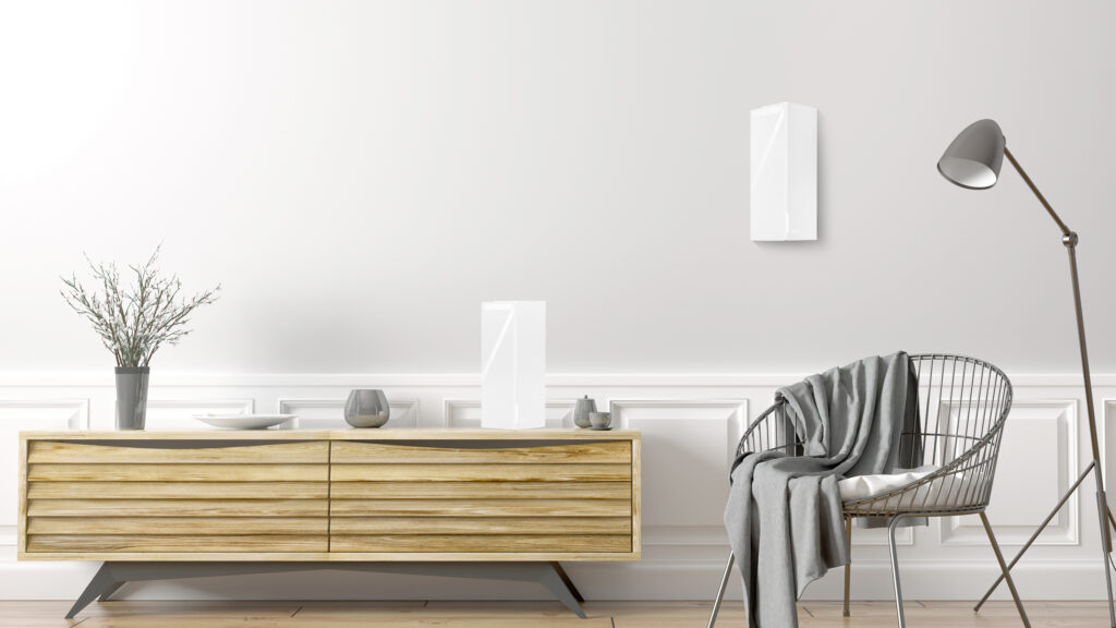Two MSI Roamii mesh Wi-Fi units in a living room, one wall mounted and one on a sideboard
