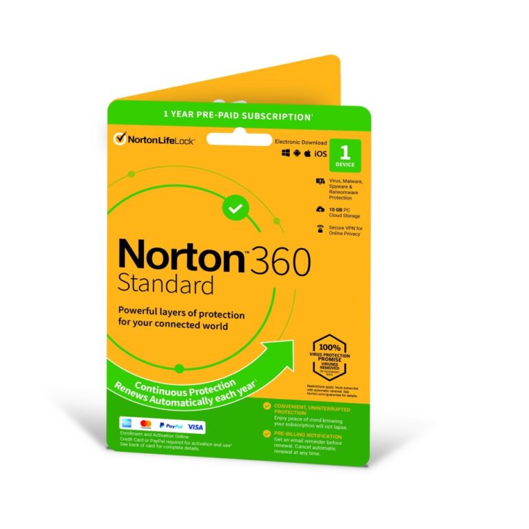NortonLifeLock Norton 360 Standard Antivirus Security 1 Device 1 Year Box Subscription