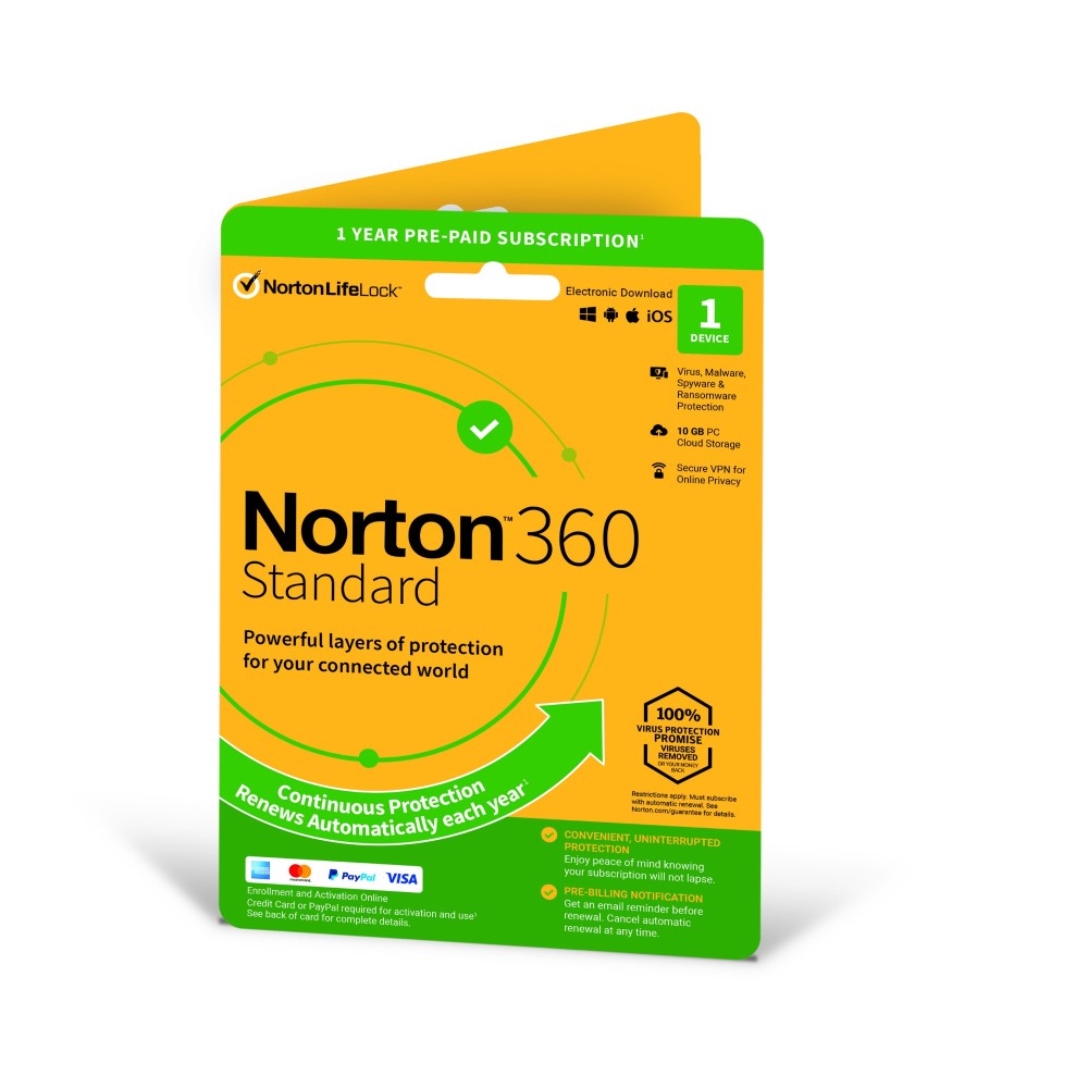 NortonLifeLock Norton 360 Standard Antivirus Security 1 Device 1 Year Box Subscription