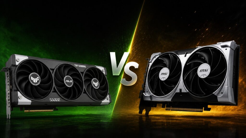 An ASUS TUF Gaming graphics card and an MSI graphics card either side of a VS sign