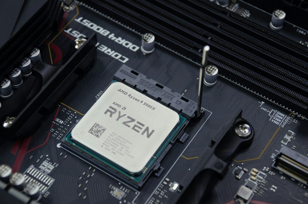 AMD Ryzen 9 5900X processor in an AM4 socket on a DDR4 motherboard