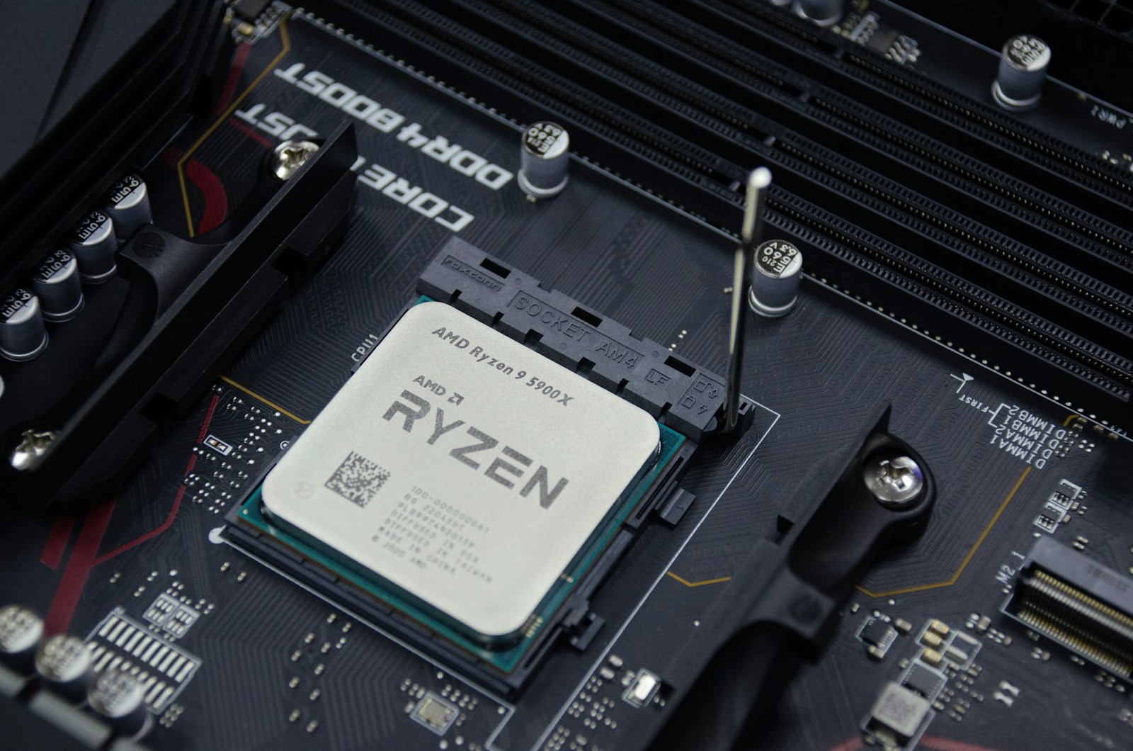 AMD Ryzen 9 5900X processor in an AM4 socket on a DDR4 motherboard