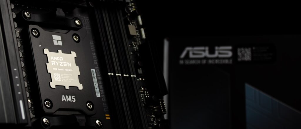 AMD Ryzen 7 7800X3D installed on an ASUS TUF Gaming B850-Plus motherboard